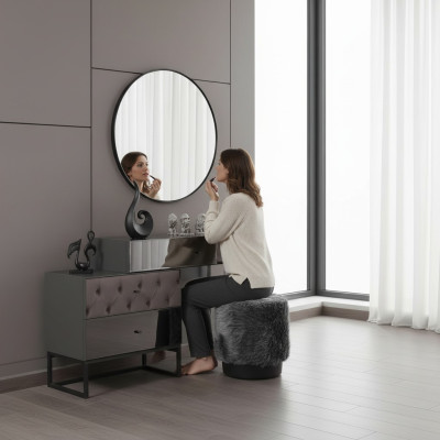 Diseñador mesa de maquillaje gris con espejo redondo y taburete acolchado set de lujo de 3 piezas