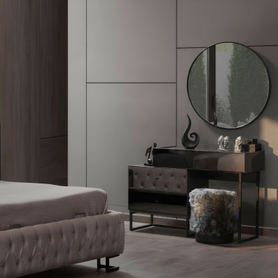 Diseñador mesa de maquillaje gris con espejo redondo y taburete acolchado set de lujo de 3 piezas