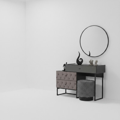 Diseñador mesa de maquillaje gris con espejo redondo y taburete acolchado set de lujo de 3 piezas