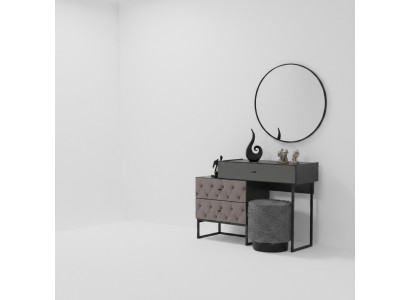 Diseñador mesa de maquillaje gris con espejo redondo y taburete acolchado set de lujo de 3 piezas