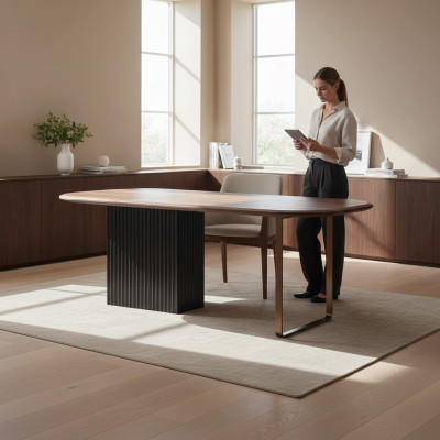 Mesa de madera marrón Diseñador Muebles de comedor Mesa de comedor elegante semicircular.