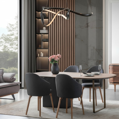 Juego de comedor de diseñador, sillas marrones modernas, mesa de comedor de madera, set de 5 piezas.