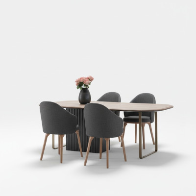 Juego de comedor de diseñador, sillas marrones modernas, mesa de comedor de madera, set de 5 piezas.