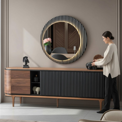 Elegante conjunto de muebles Diseñador Aparador marrón Espejo redondo de 2 piezas de madera.