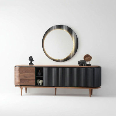 Elegante conjunto de muebles Diseñador Aparador marrón Espejo redondo de 2 piezas de madera.