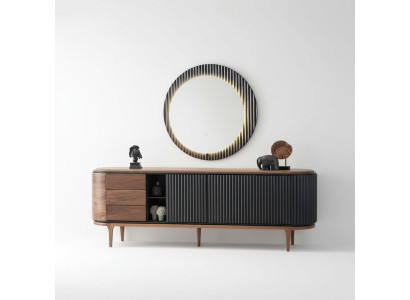 Elegante conjunto de muebles Diseñador Aparador marrón Espejo redondo de 2 piezas de madera.