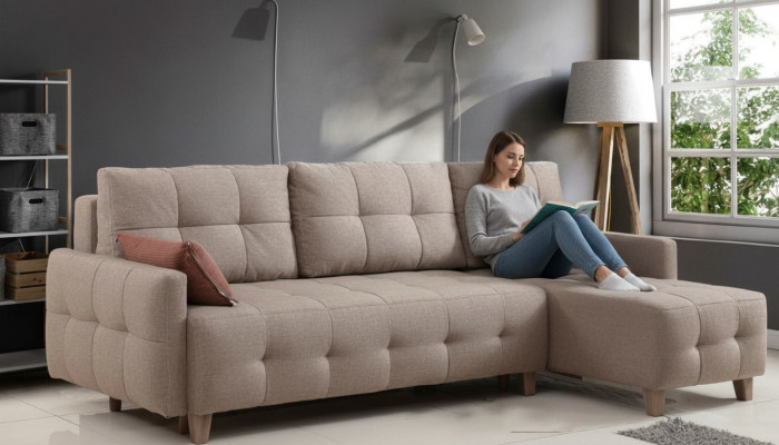 Sofá esquinero beige con tapicería en tela, sofá de salón en forma de L, nuevo.