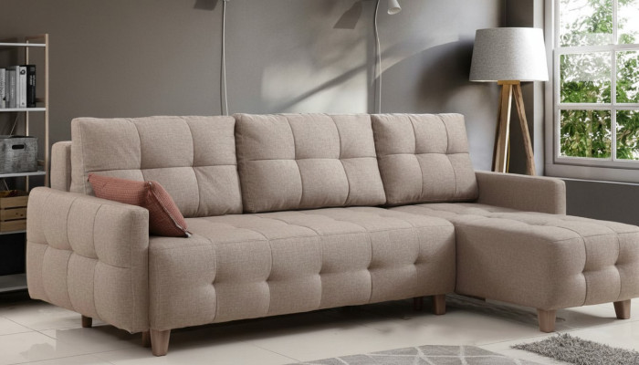 Sofá esquinero beige con tapicería en tela, sofá de salón en forma de L, nuevo.