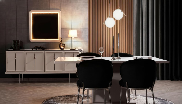 Juego de comedor moderno - mesa de comedor, 4 sillas tapizadas, aparador - conjunto de 7 piezas.