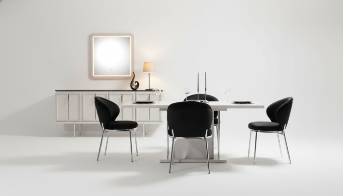 Juego de comedor moderno - mesa de comedor, 4 sillas tapizadas, aparador - conjunto de 7 piezas.