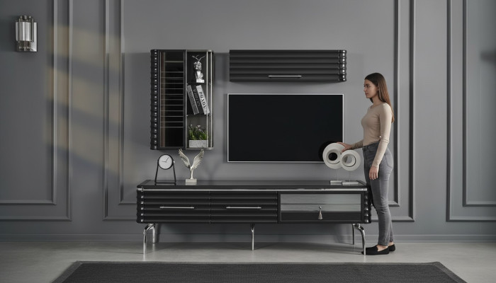 Juego de sala de estar moderno, mueble de TV de diseñador, lujo 2x armarios de pared 3 piezas.