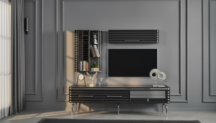 Juego de sala de estar moderno, mueble de TV de diseñador, lujo 2x armarios de pared 3 piezas.