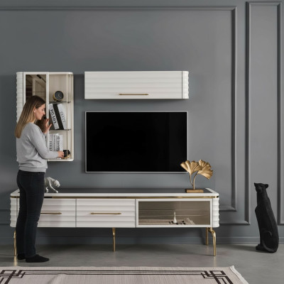 Mueble de salón blanco, mueble de televisión diseñado de lujo, 2 armarios de pared, muebles modernos.
