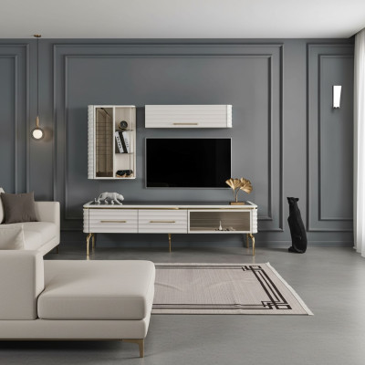 Mueble de salón blanco, mueble de televisión diseñado de lujo, 2 armarios de pared, muebles modernos.