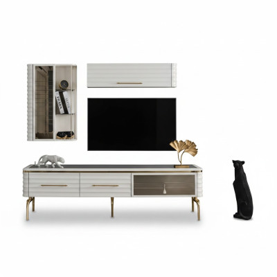 Mueble de salón blanco, mueble de televisión diseñado de lujo, 2 armarios de pared, muebles modernos.