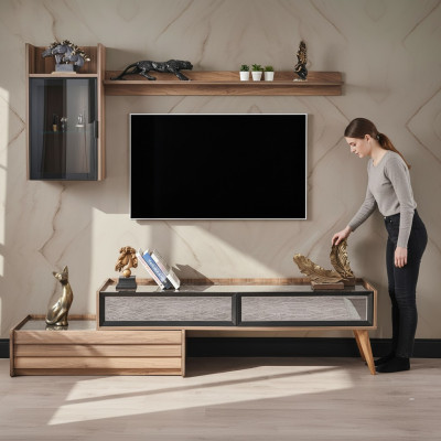 Moderna pared de salón diseñador mueble de televisión de madera lujo armario de pared estante juego de 3 piezas.