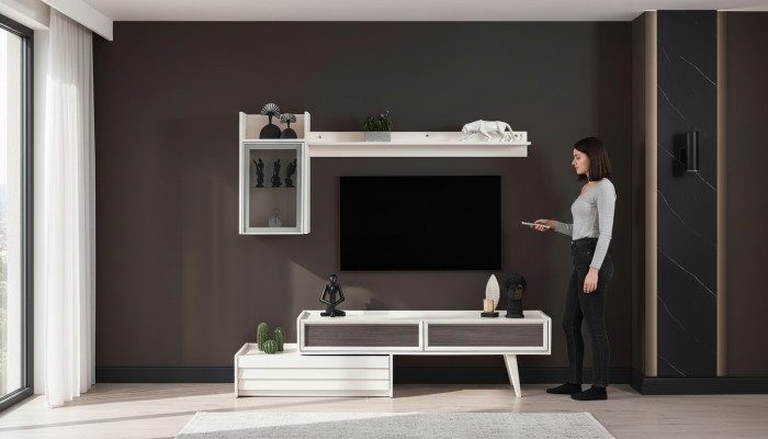 Mueble de salón de madera blanca, armario de pared de diseñador, estantería de lujo, elegante mueble de TV.