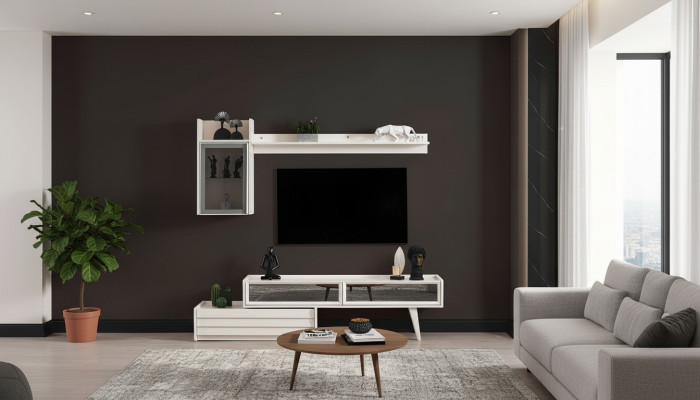 Mueble de salón de madera blanca, armario de pared de diseñador, estantería de lujo, elegante mueble de TV.