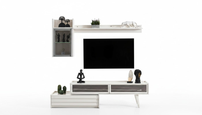 Mueble de salón de madera blanca, armario de pared de diseñador, estantería de lujo, elegante mueble de TV.