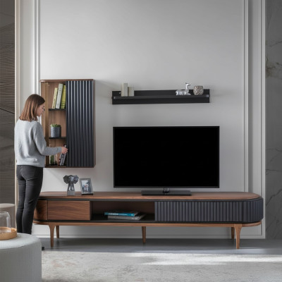 Conjunto de sala de estar moderna de lujo con armario de televisión marrón y estantes de pared.