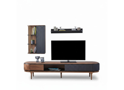 Conjunto de sala de estar moderna de lujo con armario de televisión marrón y estantes de pared.