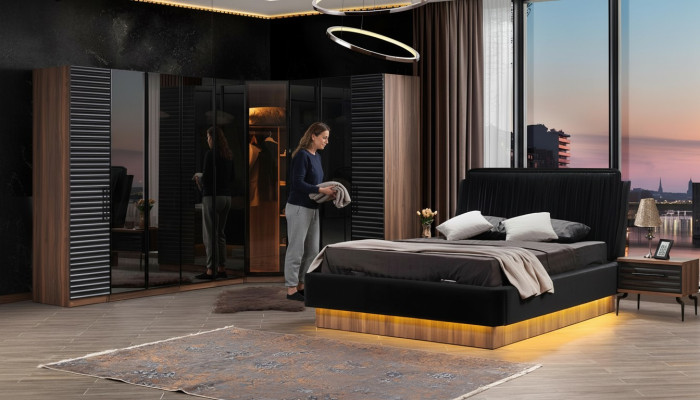 Conjunto de dormitorio marrón-negro. Juego completo, cama y 2 mesitas de noche.