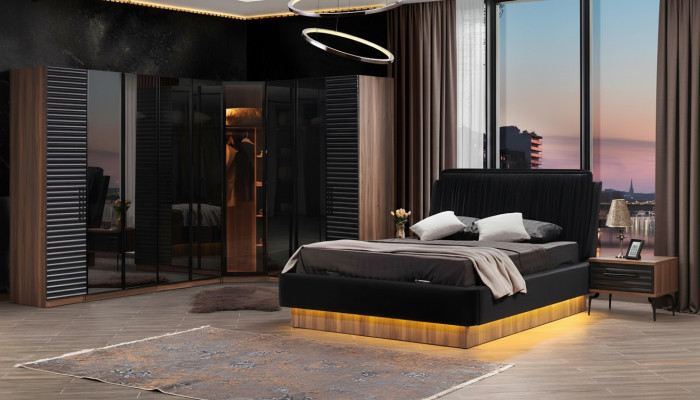 Conjunto de dormitorio marrón-negro. Juego completo, cama y 2 mesitas de noche.