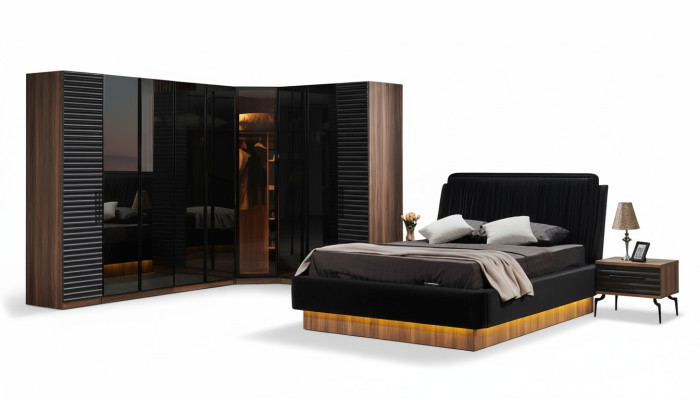 Conjunto de dormitorio marrón-negro. Juego completo, cama y 2 mesitas de noche.