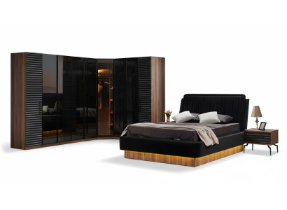 Conjunto de dormitorio marrón-negro. Juego completo, cama y 2 mesitas de noche.