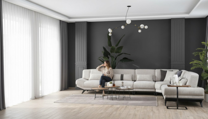 Conjunto de sala de estar blanco - sofá en forma de L, mesa auxiliar de sofá - 2 piezas