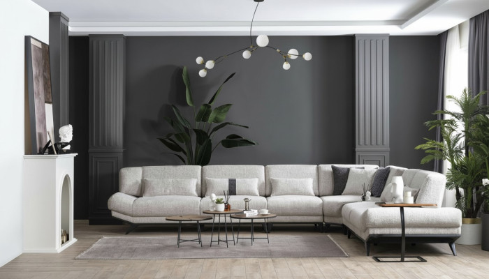 Conjunto de sala de estar blanco - sofá en forma de L, mesa auxiliar de sofá - 2 piezas