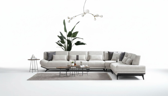 Conjunto de sala de estar blanco - sofá en forma de L, mesa auxiliar de sofá - 2 piezas