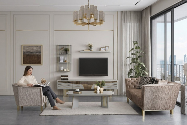 Conjunto de sala de estar gris moderna con armario de TV de lujo y estanterías de pared.