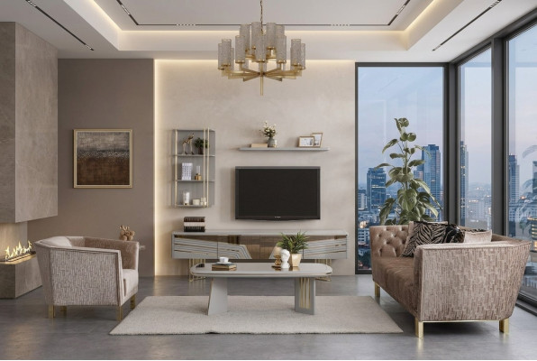 Conjunto de sala de estar gris moderna con armario de TV de lujo y estanterías de pared.