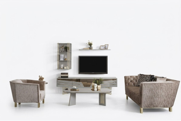 Conjunto de sala de estar gris moderna con armario de TV de lujo y estanterías de pared.