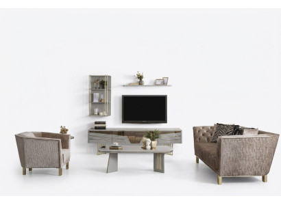 Conjunto de sala de estar gris moderna con armario de TV de lujo y estanterías de pared.