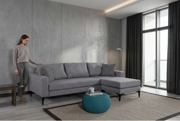 Set de sala de estar en forma de L, sofá tapizado de diseño gris, sofá de esquina.
