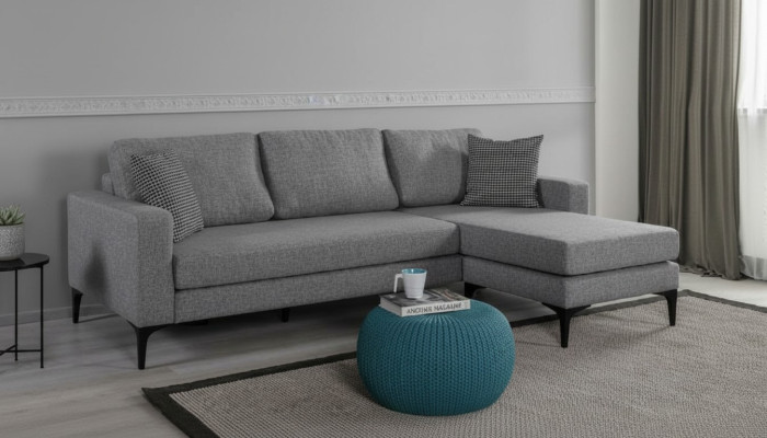 Set de sala de estar en forma de L, sofá tapizado de diseño gris, sofá de esquina.