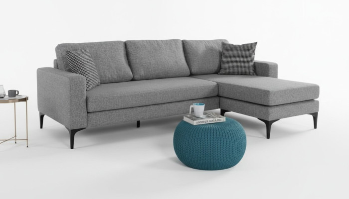 Set de sala de estar en forma de L, sofá tapizado de diseño gris, sofá de esquina.