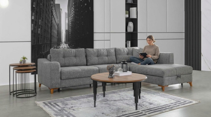 Sofá de esquina en forma de L gris, diseñador de salas de estar, sofás de lujo, muebles de madera.