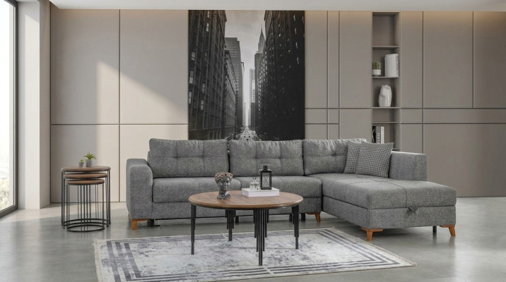 Sofá de esquina en forma de L gris, diseñador de salas de estar, sofás de lujo, muebles de madera.