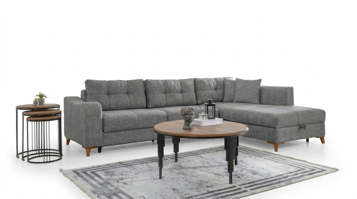 Sofá de esquina en forma de L gris, diseñador de salas de estar, sofás de lujo, muebles de madera.