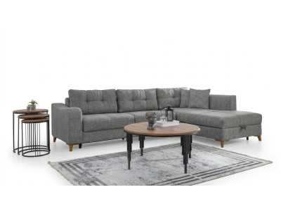 Sofá de esquina en forma de L gris, diseñador de salas de estar, sofás de lujo, muebles de madera.