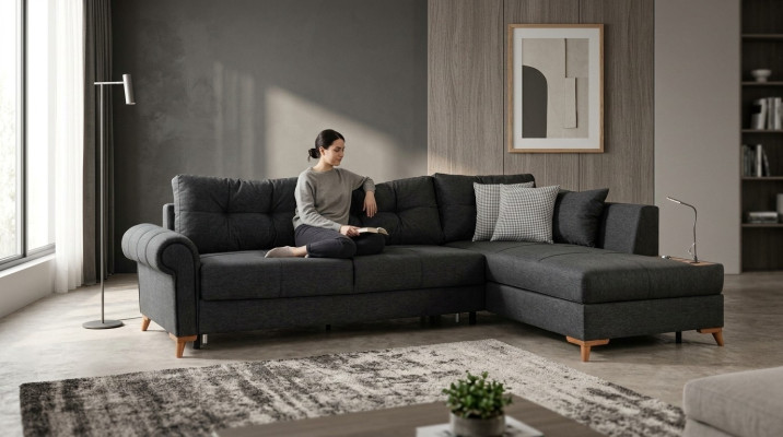 Sofá de esquina negro moderno en forma de L, sofá tapizado para sala de estar, nuevo.