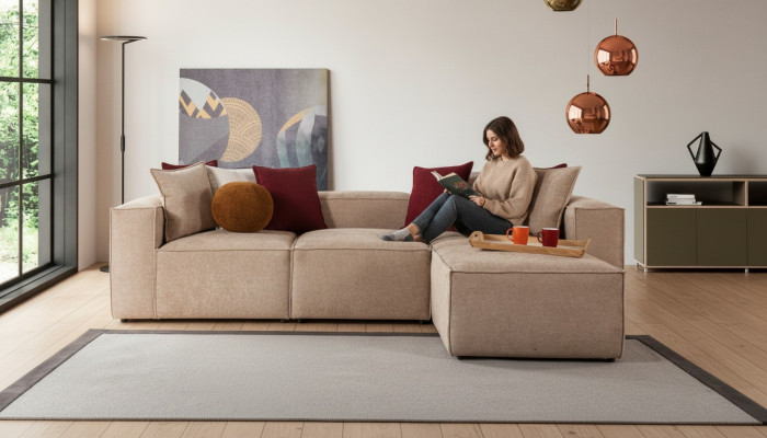 Sala de estar beige Sofá esquinero de lujo en forma de L. Sofá de tapicería moderno y nuevo