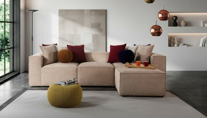 Sala de estar beige Sofá esquinero de lujo en forma de L. Sofá de tapicería moderno y nuevo