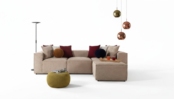 Sala de estar beige Sofá esquinero de lujo en forma de L. Sofá de tapicería moderno y nuevo