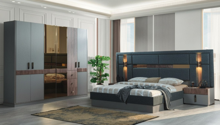 Dormitorio gris conjunto completo cama 2 mesitas de noche armario