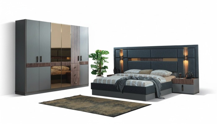 Dormitorio gris conjunto completo cama 2 mesitas de noche armario