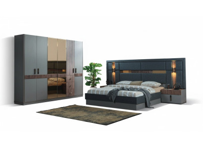 Dormitorio gris conjunto completo cama 2 mesitas de noche armario